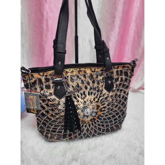 Leopard Rhinestone Covered Tote Handbag & Matching Wallet Set - Picture 4 of 13